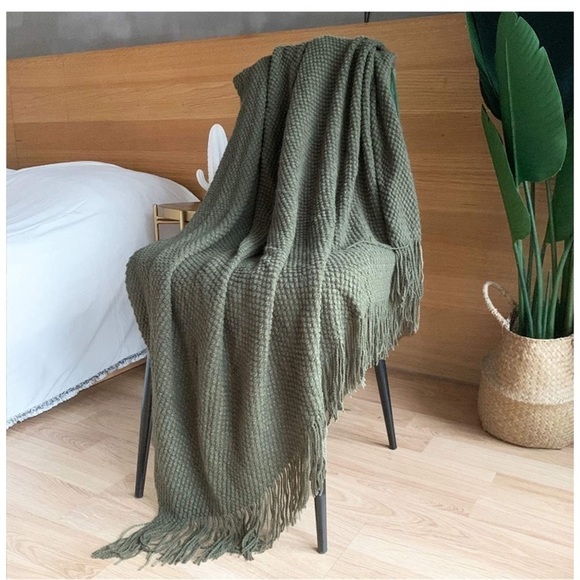 Light Sky Blue Textured Minimal Cozy Knit Pattern Fringe Tassel Couch Blanket - Picture 10 of 16